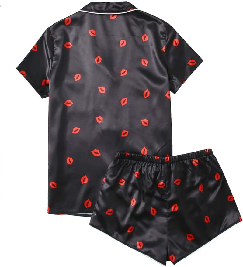 WDIRARA Women's Sleepwear Satin Short Sleeve Shirt and Shorts Pajama Set