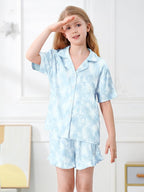 Umeyda Girls & Women Satin Pajamas Set Button Down 2 Piece Silk Pjs Shorts Set Ruffle Sleepwear, 5 Years-Women L