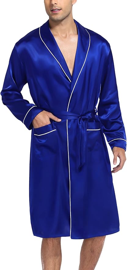 SWOMOG Men's Satin Robe Silky Kimono Bathrobe with Shorts Set Lightweight Soft Loungewear Nightwear