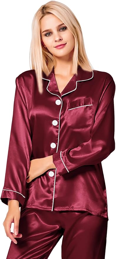 SWOMOG Womens Silk Satin Pajamas Set Long Sleeve Button Down Sleepwear 2 Piece Lounge Set Pj Set XS-3XL