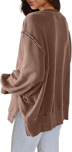 Nirovien Womens Oversized Crewneck Sweatshirt Side Slit Long Sleeve Pullover Slouchy Fit Tops