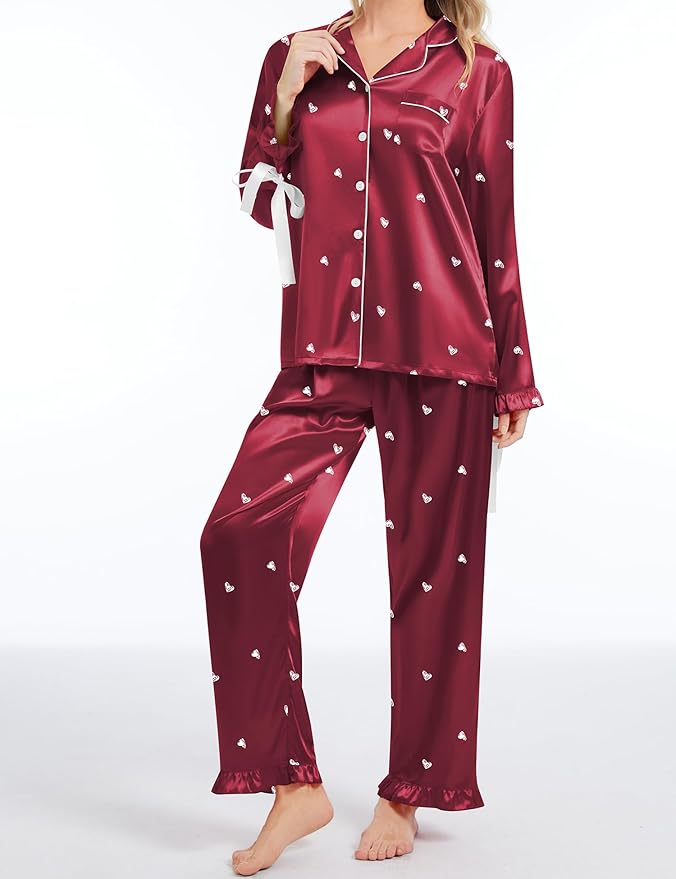 SWOMOG Womens Silk Satin Pajamas Set Long Sleeve Button Down Sleepwear 2 Piece Lounge Set Pj Set XS-3XL