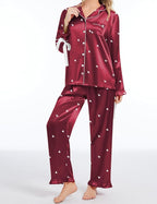 SWOMOG Womens Silk Satin Pajamas Set Long Sleeve Button Down Sleepwear 2 Piece Lounge Set Pj Set XS-3XL