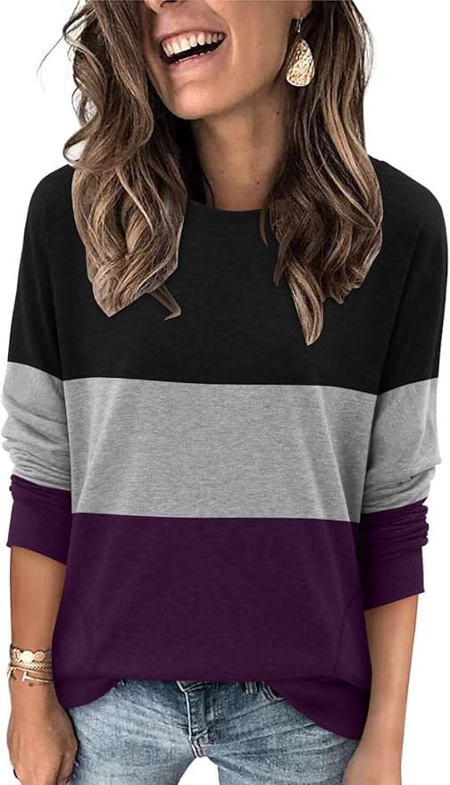 Magritta Women's Long Sleeve Leopard Color Block Tunic Comfy Crewneck T Shirt Tops Black XL