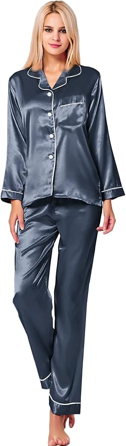 SWOMOG Womens Silk Satin Pajamas Set Long Sleeve Button Down Sleepwear 2 Piece Lounge Set Pj Set XS-3XL