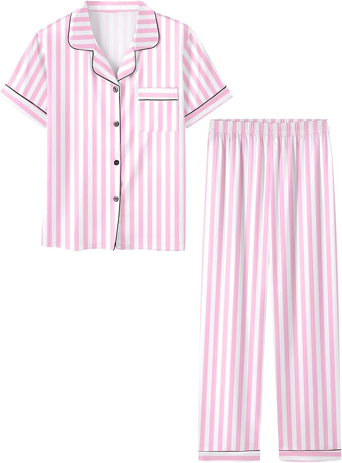 Umeyda Girls Womens Pajamas Set, Satin Silky Button Down Loungewear 2 Piece Short Sleeve Pants PJS Sets for Mommy Kids