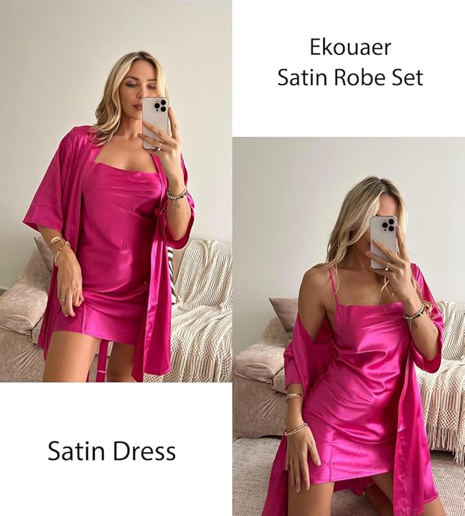 Ekouaer Women's Satin Robe Set Nightgown with Robes Silk Pajama Set 2 Pieces Lingerie Cowl Neck Cami Sleepwear Sets
