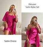 Ekouaer Women's Satin Robe Set Nightgown with Robes Silk Pajama Set 2 Pieces Lingerie Cowl Neck Cami Sleepwear Sets