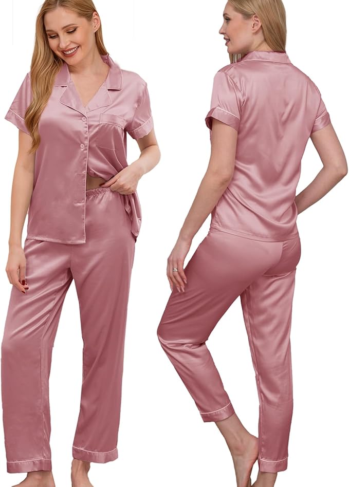 WJing Yi Jia Womens Pajamas Set XS-4XL Floral Silk Satin Pajama Sets Silky Pj Sets 2Pcs Loungewear Sleepwear Button Down Pjs