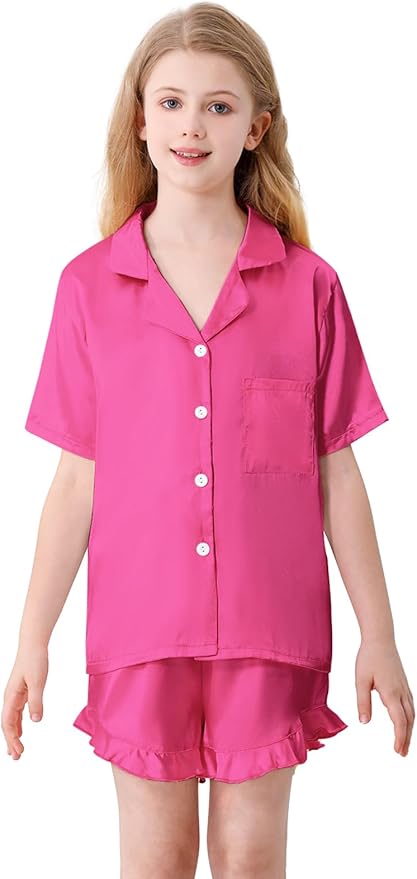 Umeyda Girls & Women Satin Pajamas Set Button Down 2 Piece Silk Pjs Shorts Set Ruffle Sleepwear, 5 Years-Women L