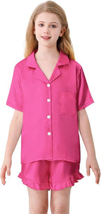 Umeyda Girls & Women Satin Pajamas Set Button Down 2 Piece Silk Pjs Shorts Set Ruffle Sleepwear, 5 Years-Women L