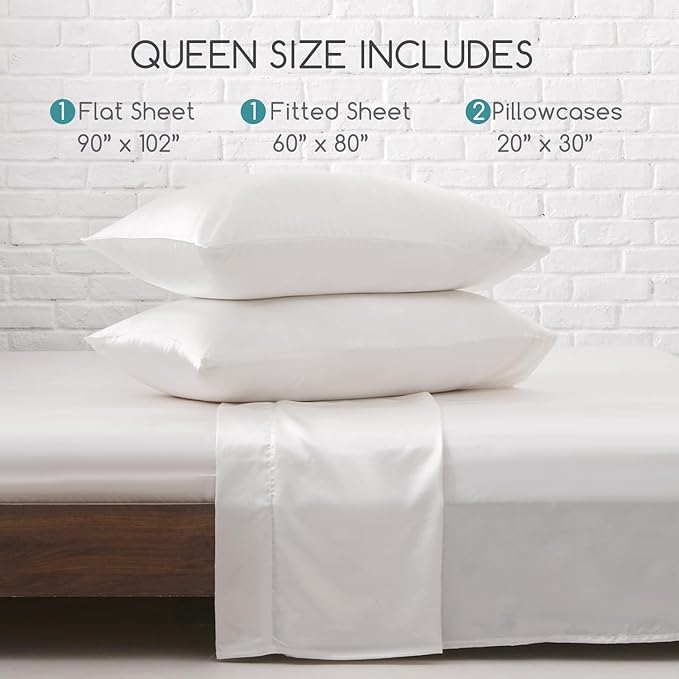 MR&HM Satin Bed Sheets, Queen Size Sheets Set, 4 Pcs Silky Bedding Set with 15 Inches Deep Pocket for Mattress (Queen, Ivory)