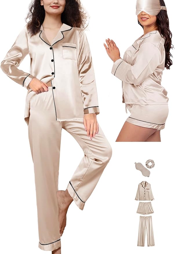 WJing Yi Jia 5Pcs XS-XXL Womens Silk Satin Pajamas Sets Long Pj Sets Button Down Pjs Set Loungewear Sleepwear
