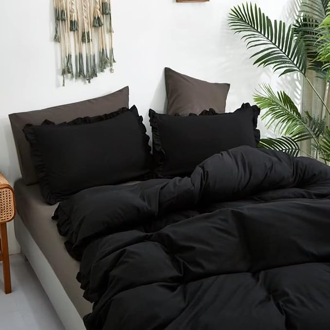 CLOTHKNOW Black Queen Comforter Set 3Pcs Ruffle Bedding Comforter Sets Shabby Chic Comforter Queen with 2 x Pillow Cases Farmhouse Bedding