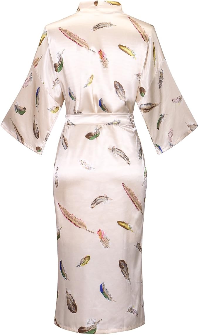 Valennia Women Long Silky Bathrobe Satin Kimono Robe Floral Printed Dressing Gown Sleepwear