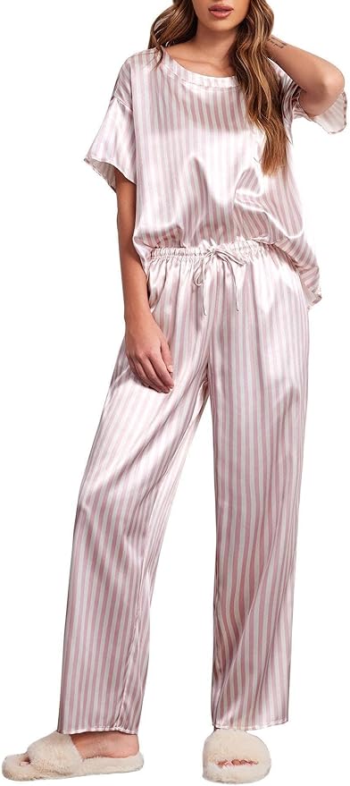 Ekouaer Womens Satin Silky Pajama Set Short Sleeve Shirt with Long Pajama Pant Set Soft PJ Loungewear