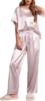 Ekouaer Womens Satin Silky Pajama Set Short Sleeve Shirt with Long Pajama Pant Set Soft PJ Loungewear