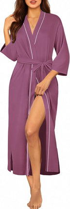 Ekouaer Robes for Women Long Knit Bathrobe Lightweight 3/4 Sleeves Kimono Robe Soft Sleepwear with Pockets S-XXL