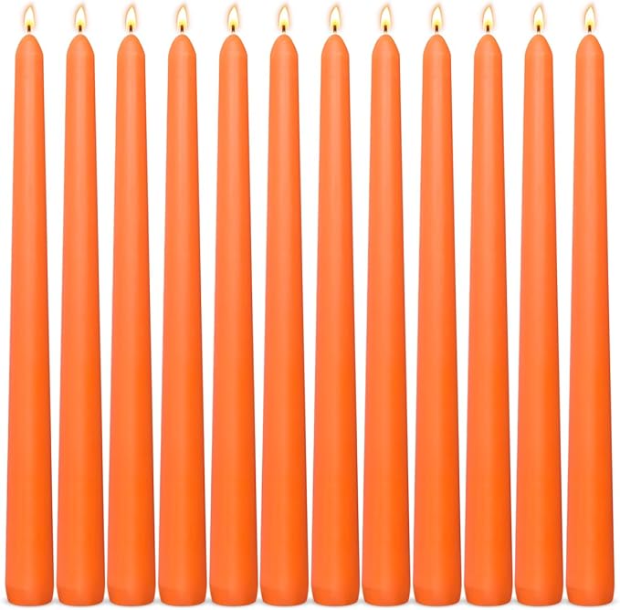 12-Pack Neon Orange Taper Candles, 10 Inch Unscented Dripless Candlesticks, Long-Lasting Burn Time of 7-8 Hours, Perfect for Fall Harvest Halloween Thanksgiving Dinners Parties and Home Décor