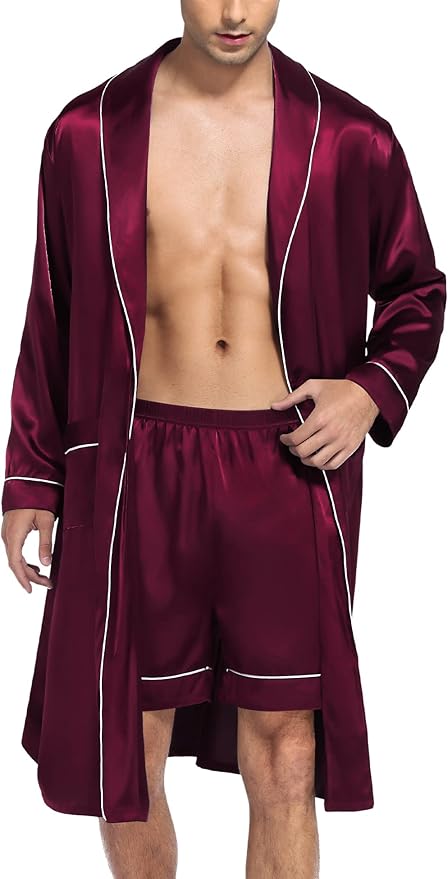 SWOMOG Men's Satin Robe Silky Kimono Bathrobe with Shorts Set Lightweight Soft Loungewear Nightwear