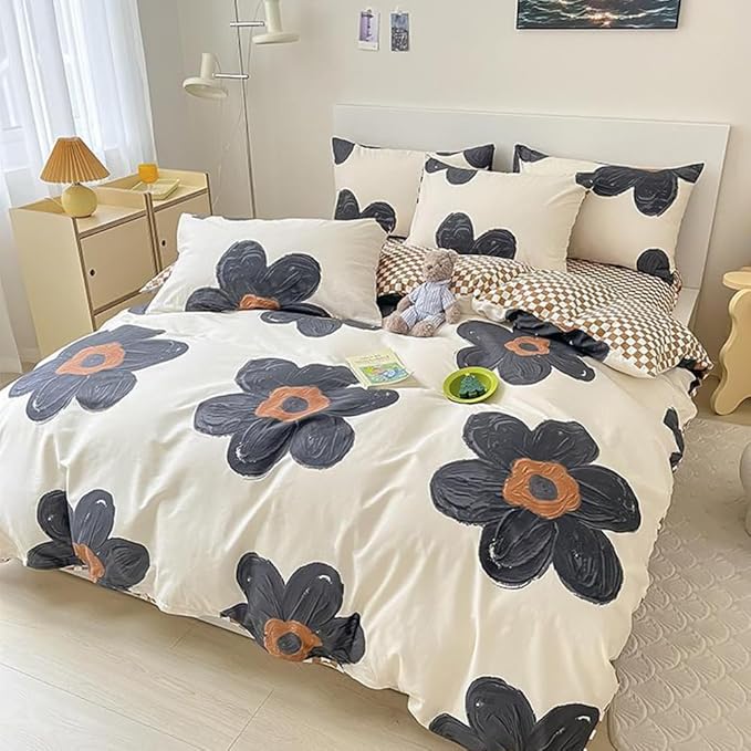 CLOTHKNOW Black Sunflower Full Size Comforter Sets Floral Bedding Comforter Sets Brown Plaid Comforter Beige Black Comforter with 2 x Pillow Cases