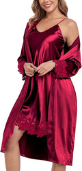 BestWendding Women's Silk Robe Set 2 Pieces Pajamas Sets Sexy Soft Satin Robe with V Neck Camisole Lingerie Nightgown