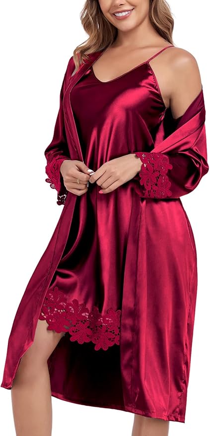 BestWendding Women's Silk Robe Set 2 Pieces Pajamas Sets Sexy Soft Satin Robe with V Neck Camisole Lingerie Nightgown