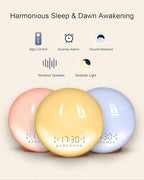 Smart Sunrise Alarm Clock with No Signup APP Control & Wake-Up Light, 4 Alarms, White Noise, FM Radio, Wireless Speaker, Wood Grain