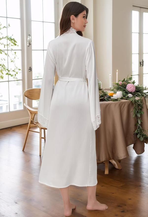Women Sexy Satin Lace Robe,Long Sleeve Silk Bathrobe with Belt Soft Lightweight Full Length Sleepwear