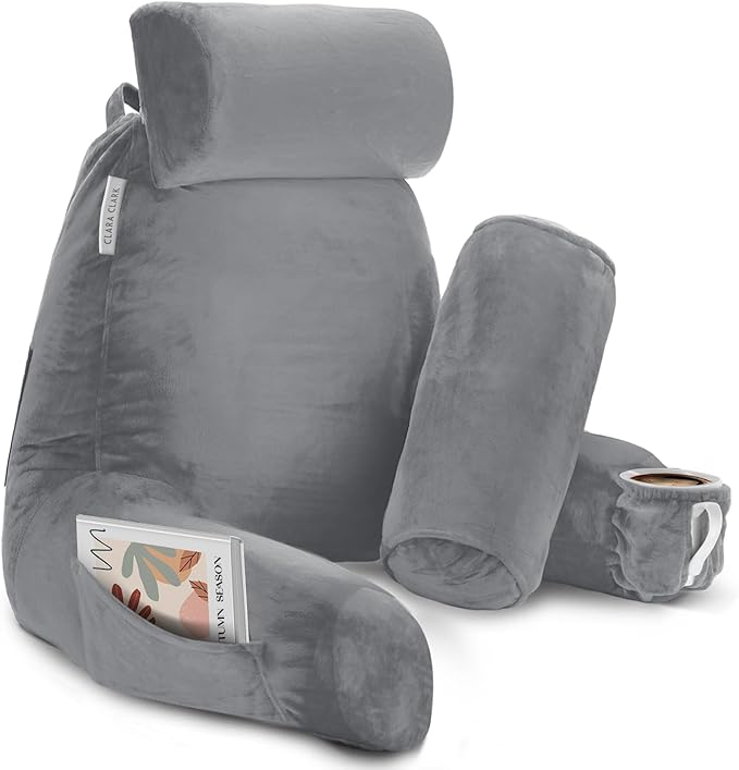 Clara Clark Reading Pillow with Shredded Memory Foam Includes 2 Neck and Lumber Support Pillows, Designed for Sitting Up in Bed and Couch, Back and Arms Adjustable Support for Adults & Teens, Grey