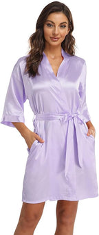 Women's Pure Short Kimono Robes Bride Bridesmaids Silky Bathrobe Lightweight Satin Sleepwear