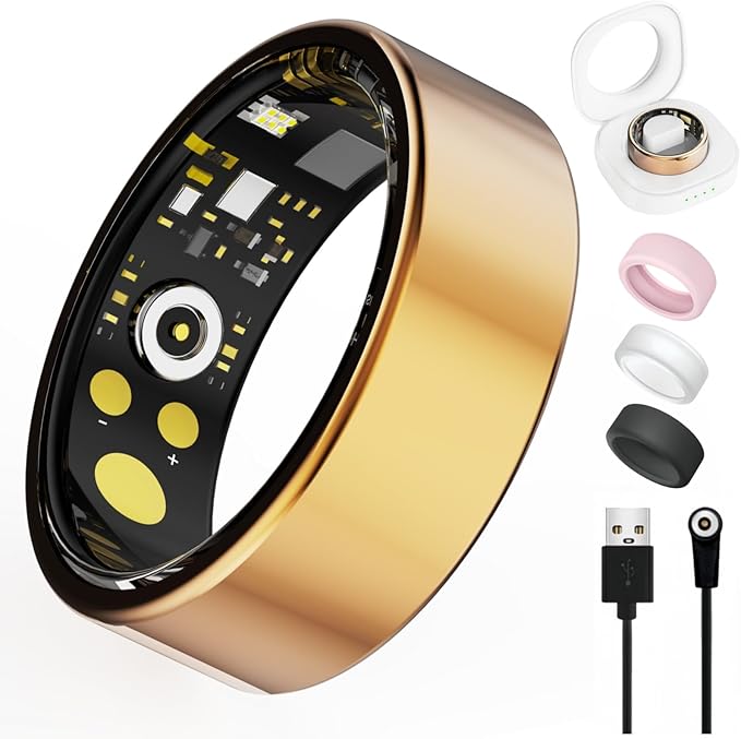 Smart Ring for Women Men, Health Tracker with Heart Rate/Blood Oxygen/Blood Pressure/Sleep Monitor/Step Counting, IP68 Waterproof Fitness Ring, No App Fees for iOS & Android (Rose Gold, 14#)