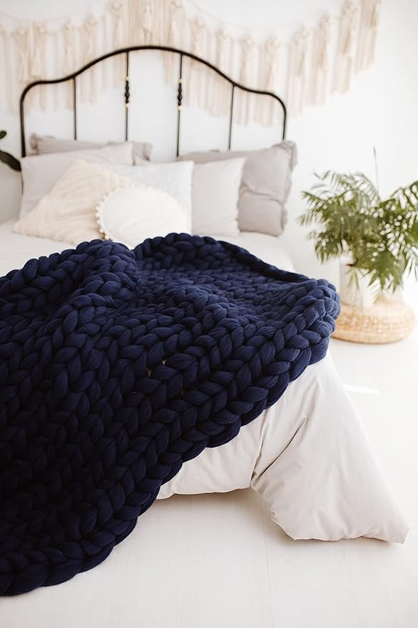 Throw Blanket Full Size 54"x75" for Bed - Chunky Knit Blanket, Boho Throw Blanket for Couch 100% Merino Wool (Navy Blue, 54"x75")