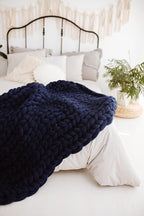 Throw Blanket Full Size 54"x75" for Bed - Chunky Knit Blanket, Boho Throw Blanket for Couch 100% Merino Wool (Navy Blue, 54"x75")