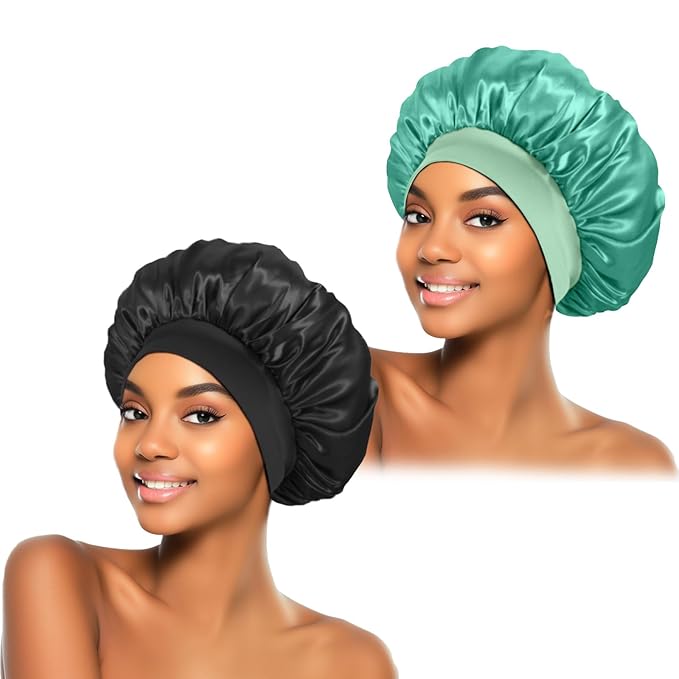 ZHENSILK 2Pcs Silk Bonnet for Sleeping, Satin Hair Bonnets, Soft Elastic Band Silk Sleep Cap, Hair Wrap for Women (Black Green)
