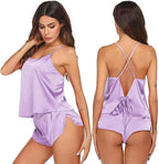 Ekouaer Silk Pajamas Set for Women Satin Backless Lingerie Pjs Cami Top and Shorts Nightwear