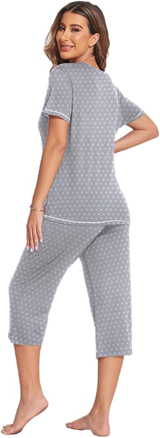 Ekouaer Women's Sleepwear Capri Pajama Sets Short Sleeve Two-Piece Pjs V Neck Tops & Capri Pants with Pockets S-3XL
