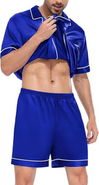 SWOMOG Satin Matching Pajamas Sets Couple Silk Button Down Nightwear Women & Men Short Sleeve Sleepwear 2 Pieces Loungewear