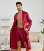 ZUEVI Men's Kimono Robe Set Silk Satin Long Sleeve Bathrobe with Shorts 2 PCS Sleepwear Pjs Sets