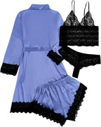 WDIRARA Women' Silk Satin Pajamas Set 4pcs Lingerie Floral Lace Cami Sleepwear with Robe