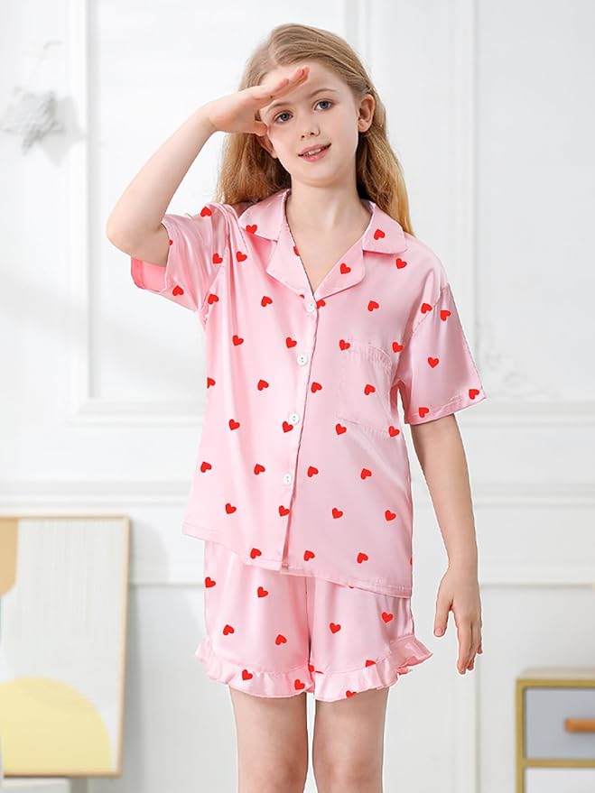 Umeyda Girls & Women Satin Pajamas Set Button Down 2 Piece Silk Pjs Shorts Set Ruffle Sleepwear, 5 Years-Women L