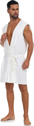 VintageClothing Men's Summer Robe with Hooded Lightweight Bathrobe House Kimono Sleeveless Sexy Sleepwear Pajamas