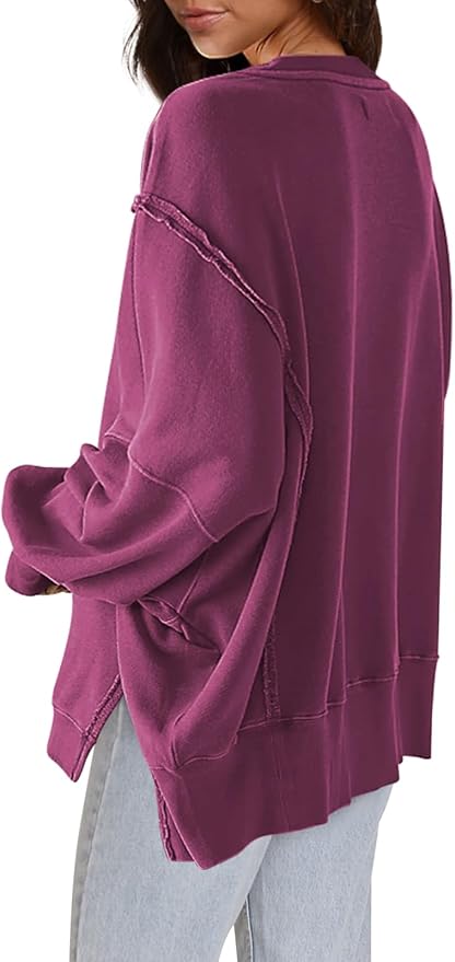 Nirovien Womens Oversized Crewneck Sweatshirt Side Slit Long Sleeve Pullover Slouchy Fit Tops