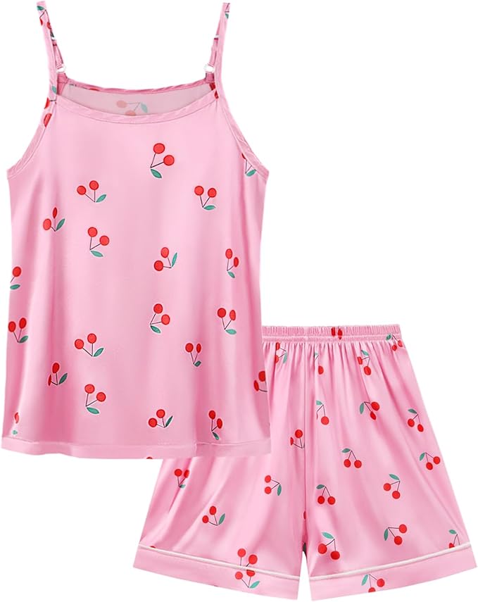 Weixinbuy Girls Pajamas Silk PJS Set Sleeveless Pajama Tank Elastic Waist Shorts Sleepwear Kids Summer Nightwear Clothes Set