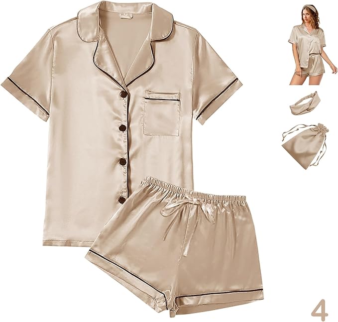 WJing Yi Jia 4Pcs Womens Satin Silky Pajama Sets Short Sleeve Shirt XS-4XL Floral Pajamas Set Soft PJ Loungewear Sleepwear