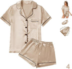 WJing Yi Jia 4Pcs Womens Satin Silky Pajama Sets Short Sleeve Shirt XS-4XL Floral Pajamas Set Soft PJ Loungewear Sleepwear