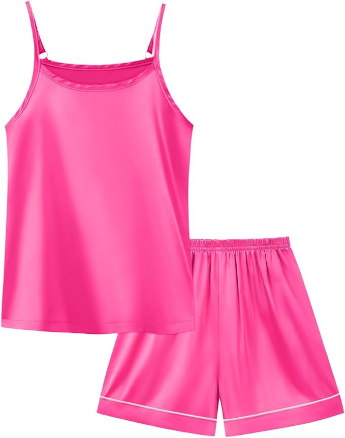 Weixinbuy Girls Pajamas Silk PJS Set Sleeveless Pajama Tank Elastic Waist Shorts Sleepwear Kids Summer Nightwear Clothes Set