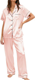 Ekouaer Womens Silky Satin Pajamas Set Short Sleeve Button Down Sleepwear 2 Piece Lounge Set Pj Set