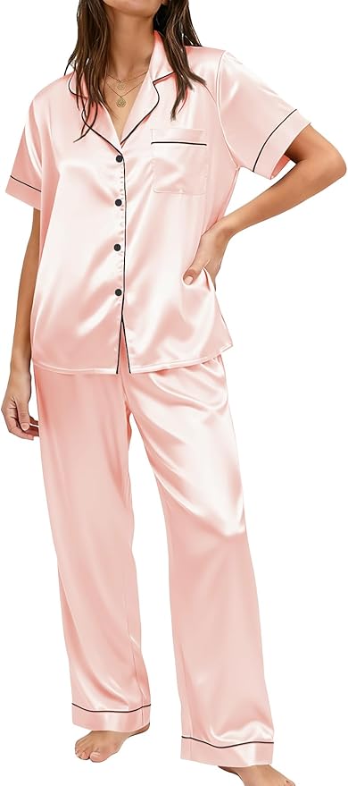 Ekouaer Womens Silky Satin Pajamas Set Short Sleeve Button Down Sleepwear 2 Piece Lounge Set Pj Set