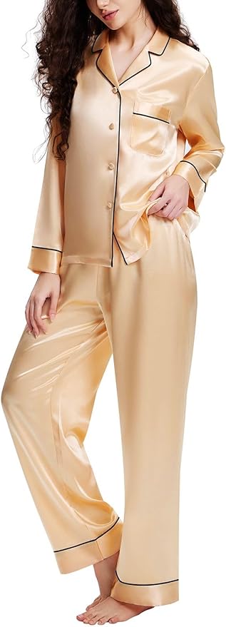 Lonxu Silk Satin Womens Pajama Sets Button Down Sleepwear Loungewear XS~3XL